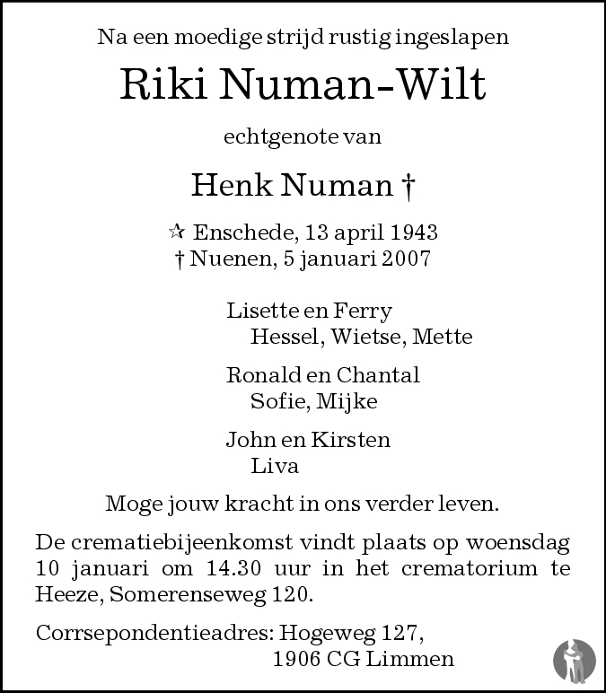 Riki Numan Wilt 05 01 2007 Overlijdensbericht En Condoleances