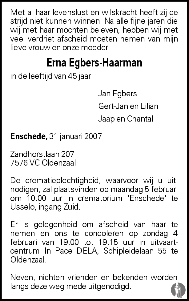 Erna Egbers Haarman Overlijdensbericht En Condoleances