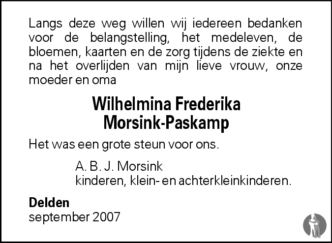 Wilhelmina Frederika Morsink Paskamp 02 08 2007 Overlijdensbericht En