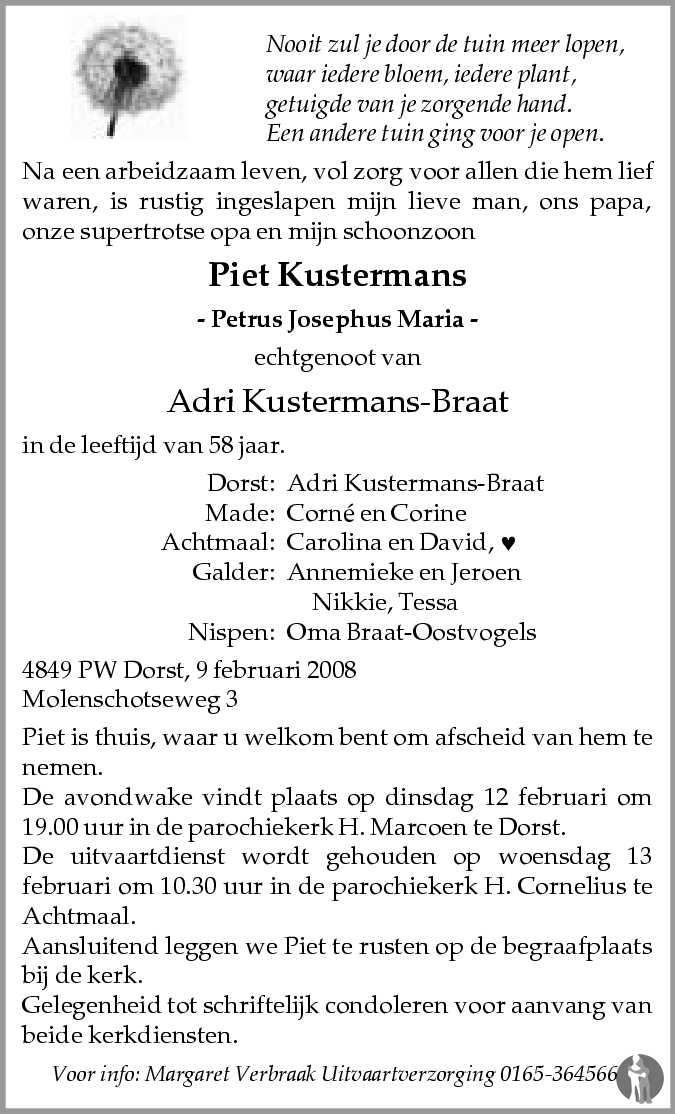 Petrus Josephus Maria Piet Kustermans Overlijdensbericht