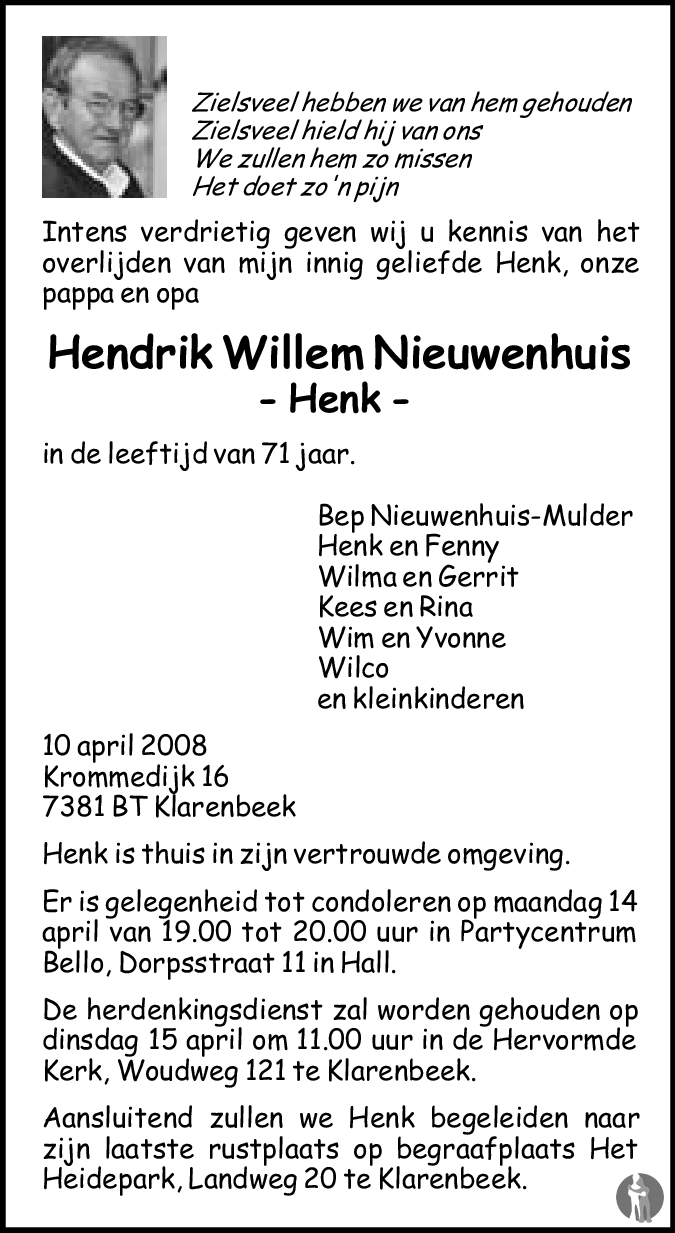 Hendrik Willem Henk Nieuwenhuis 10 04 2008 Overlijdensbericht En