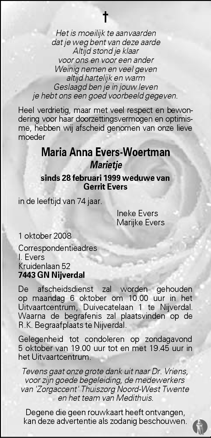 Maria Anna Marietje Evers Woertman Overlijdensbericht En