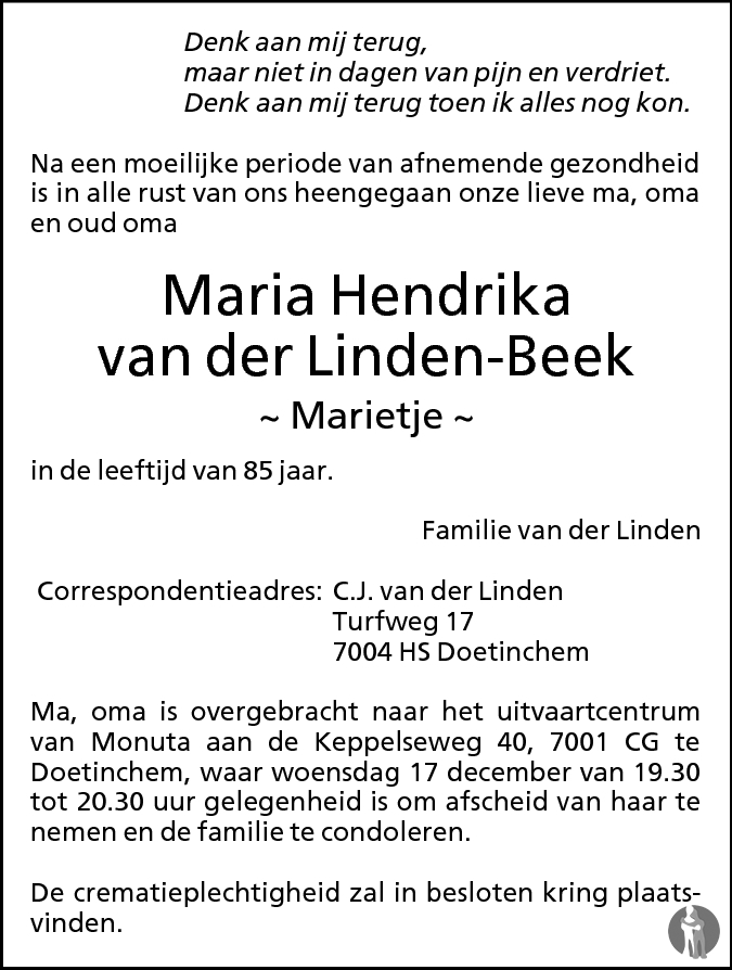 Maria Hendrika Marietje Van Der Linden Beek 14 12 2008