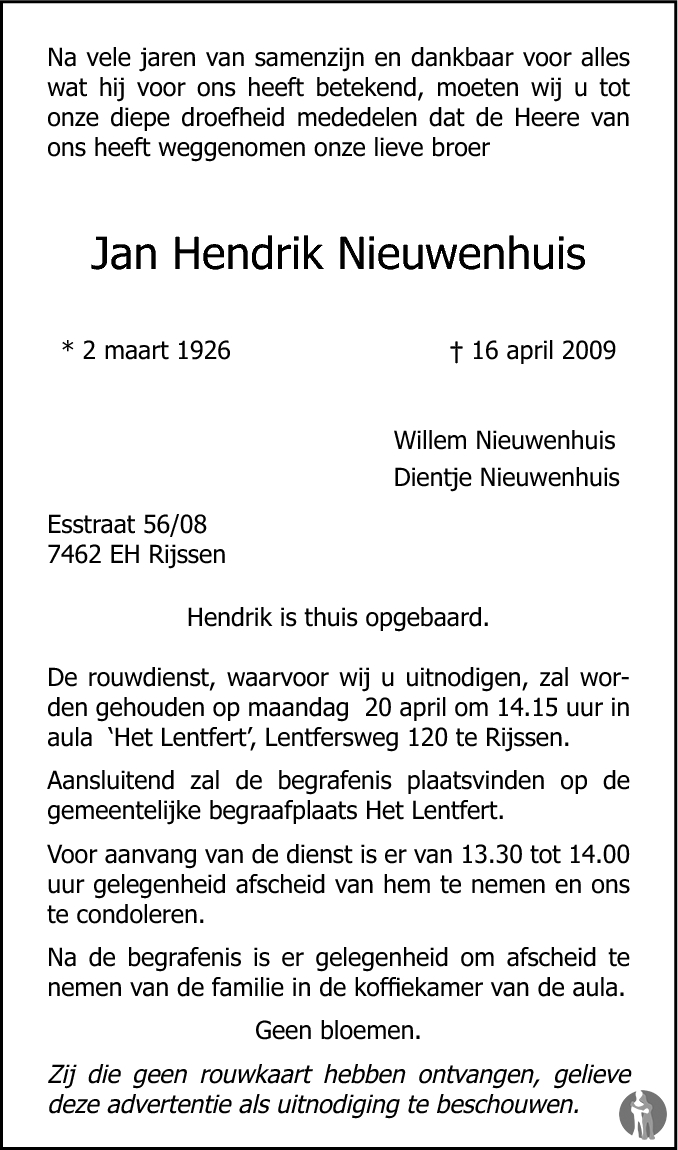 Jan Hendrik Nieuwenhuis Overlijdensbericht En Condoleances