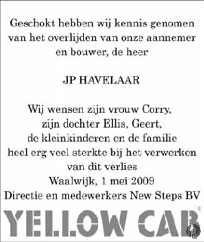 Johannes Pieter Jan Havelaar 01 05 2009 Overlijdensbericht En