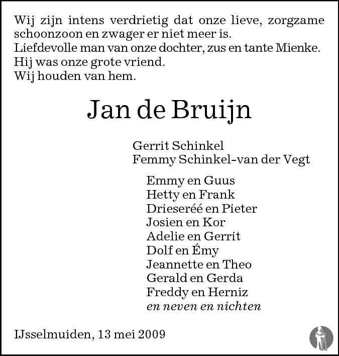 Johannes Jan De Bruijn 13 05 2009 Overlijdensbericht En Condoleances