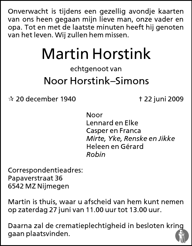 Martin Horstink 22 06 2009 Overlijdensbericht En Condoleances