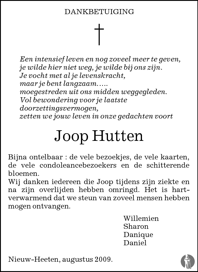 Johannes Gerhardus Joop Hutten Overlijdensbericht En