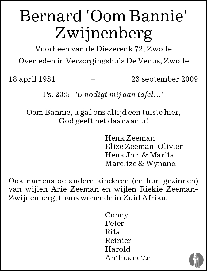 Bernardus Oom Banny Zwijnenberg 23 09 2009 Overlijdensbericht En