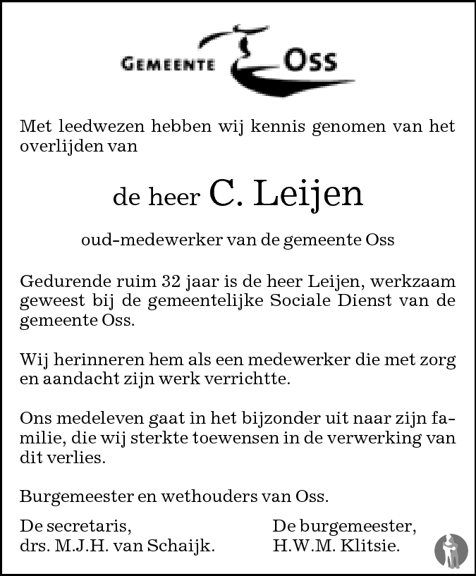 Christ Leijen 22 11 2009 Overlijdensbericht En Condoleances Mensenlinq Nl