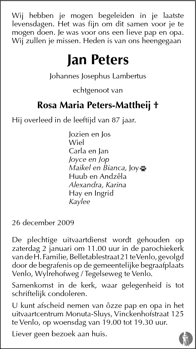 Johannes Josephus Lambertus Jan Peters 26 12 2009 Overlijdensbericht