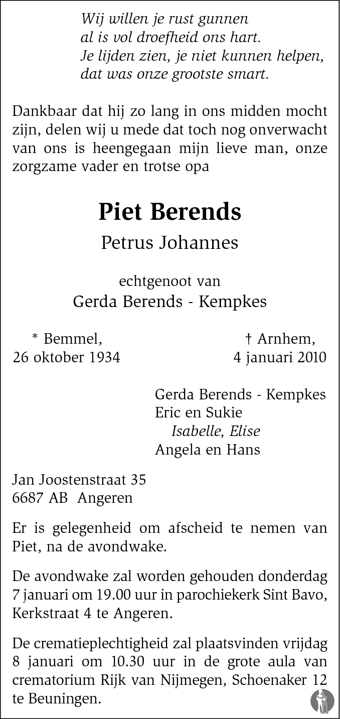 Petrus Johannes Piet Berends 04 01 2010 Overlijdensbericht En