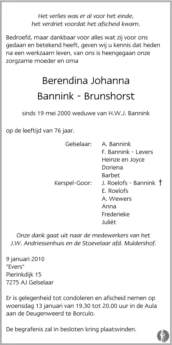 Berendina Johanna Bannink Brunshorst 09 01 2010 Overlijdensbericht En