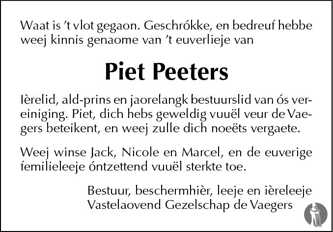 Peter Hubertus Cornelius Piet Peeters Overlijdensbericht