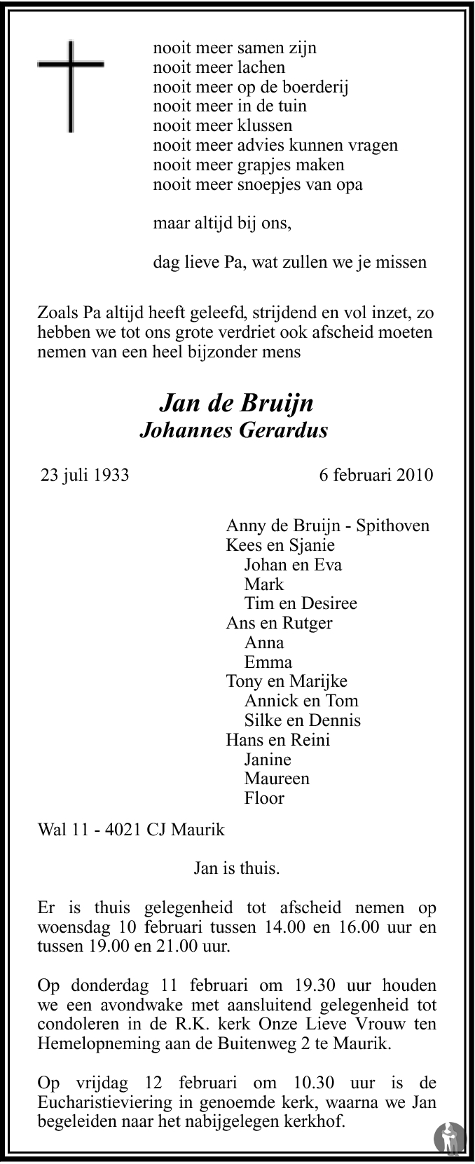 Johannes Gerardus Jan De Bruijn 06 02 2010 Overlijdensbericht En