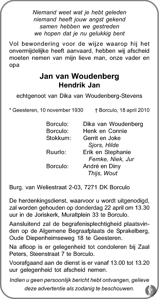 Hendrik Jan Jan Van Woudenberg Overlijdensbericht En