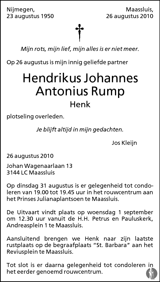 Hendrikus Johannes Antonius Henk Rump Overlijdensbericht