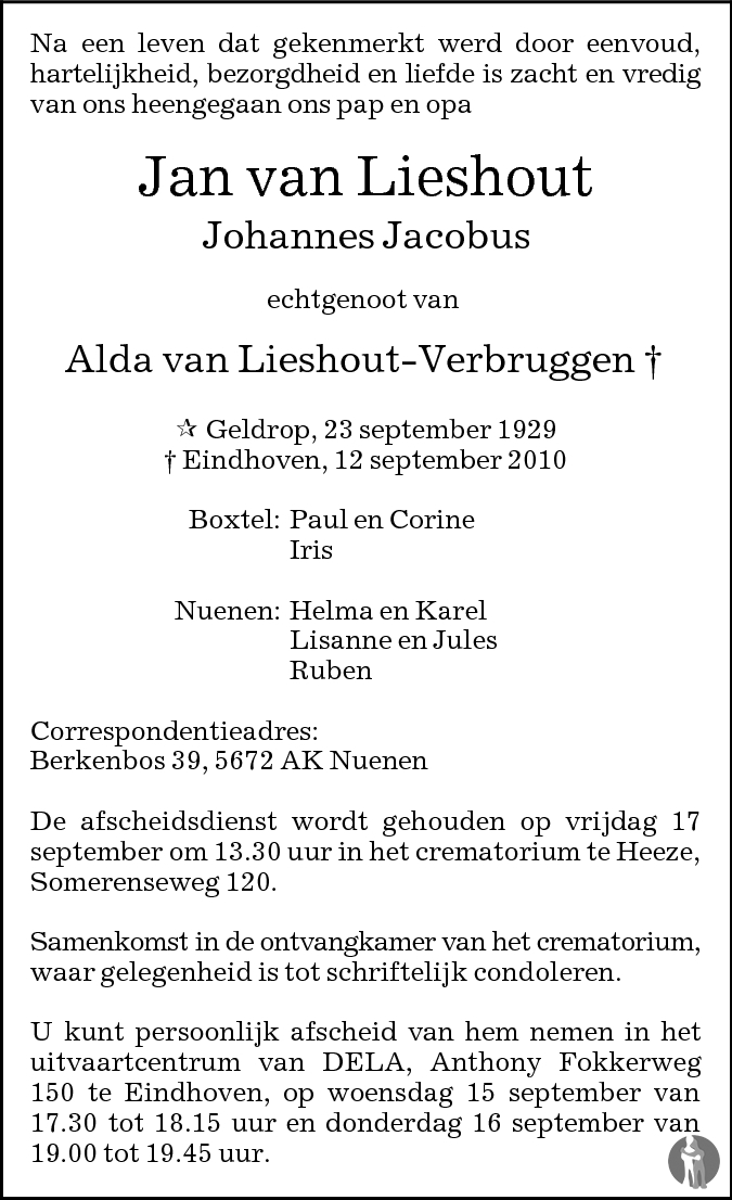 Johannes Jacobus Jan Van Lieshout Overlijdensbericht En
