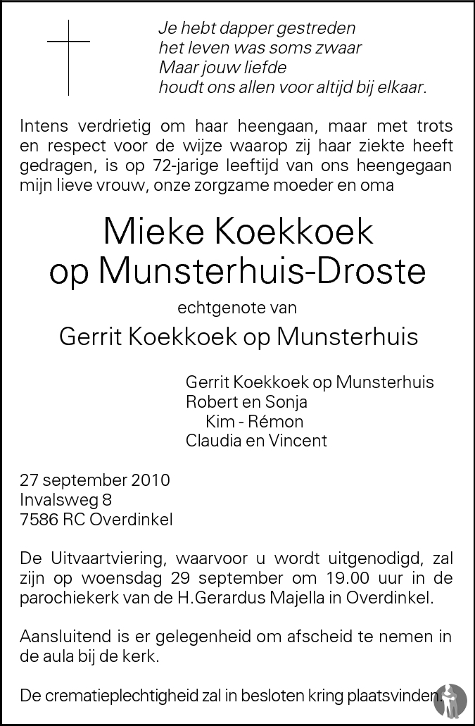 Mieke Koekkoek Op Munsterhuis Droste 27 09 2010 Overlijdensbericht En