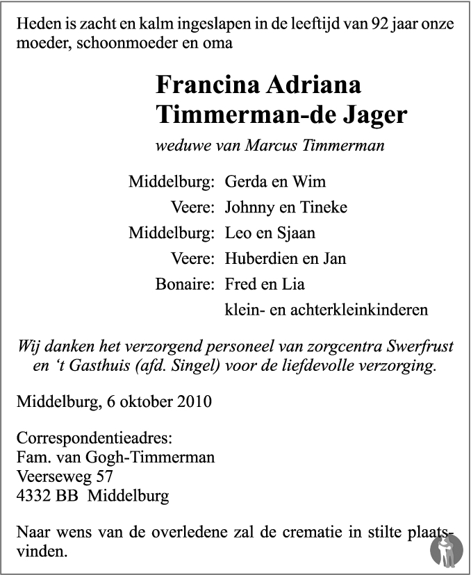 Francina Adriana Timmerman De Jager Overlijdensbericht En