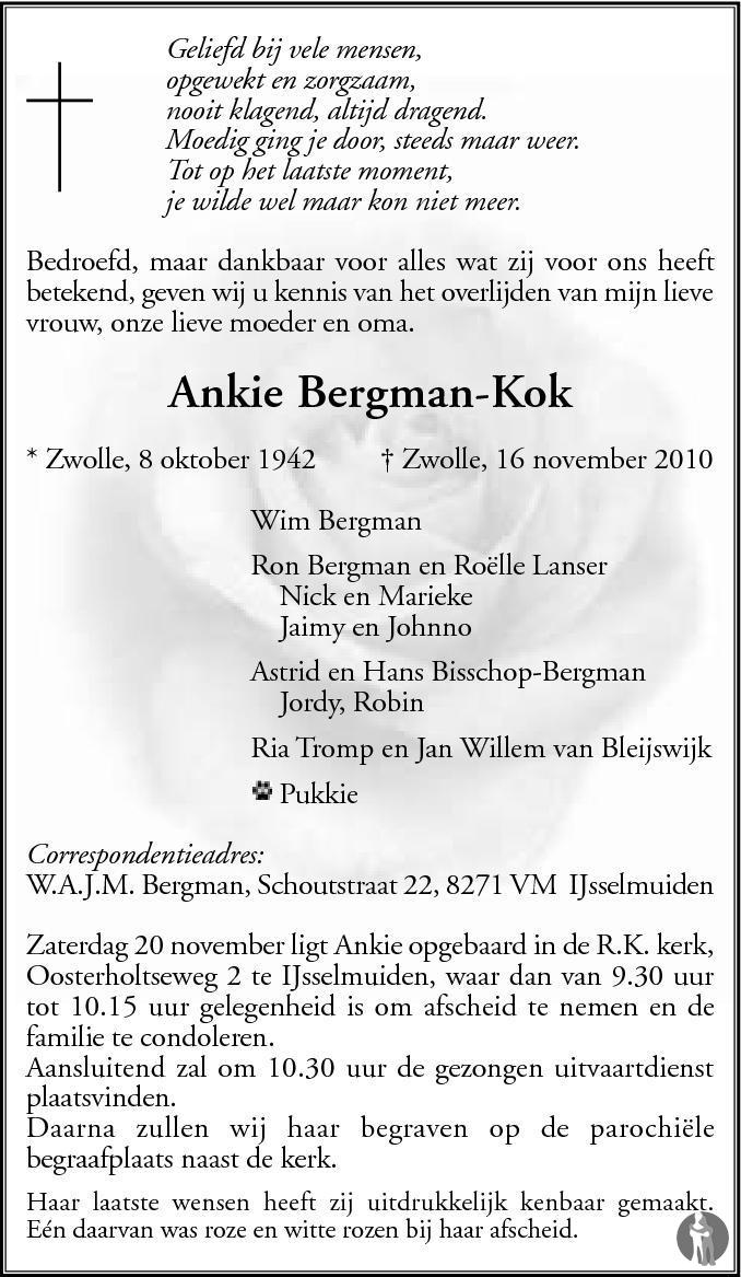 Ankie Bergman Kok 16 11 2010 Overlijdensbericht En Condoleances