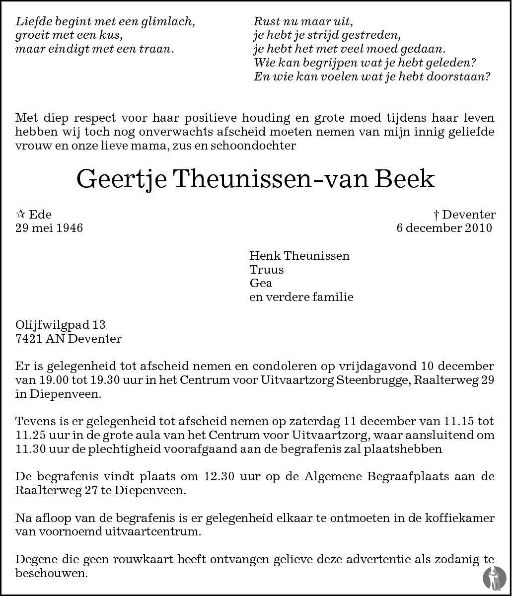 Geertje Theunissen Van Beek 06 12 2010 Overlijdensbericht En