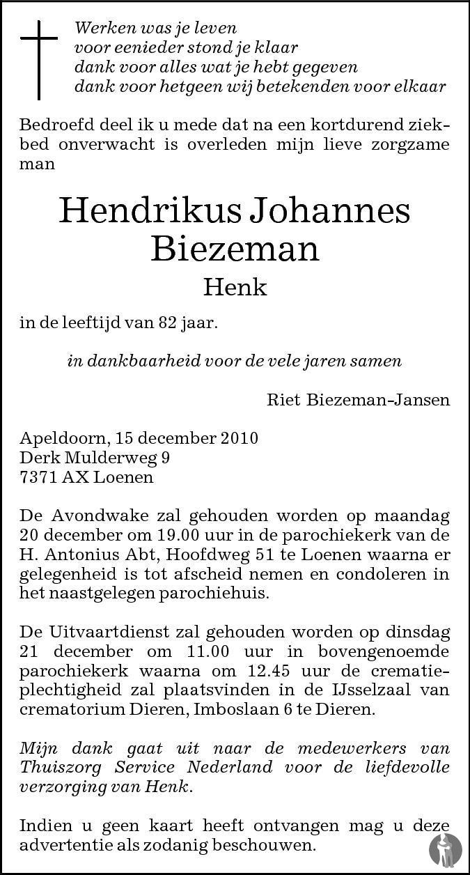 Hendrikus Johannes Henk Biezeman Overlijdensbericht En