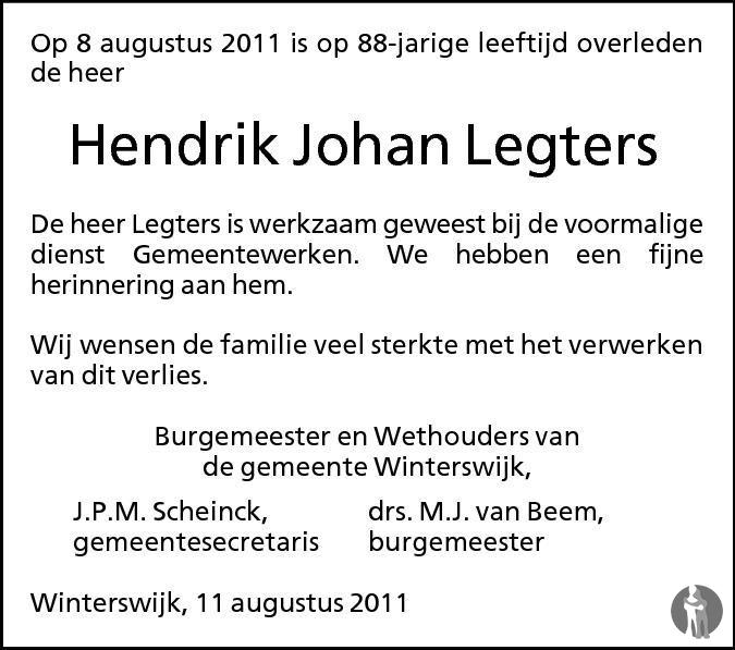 Hendrik Johan Henk Legters 08 08 2011 Overlijdensbericht En