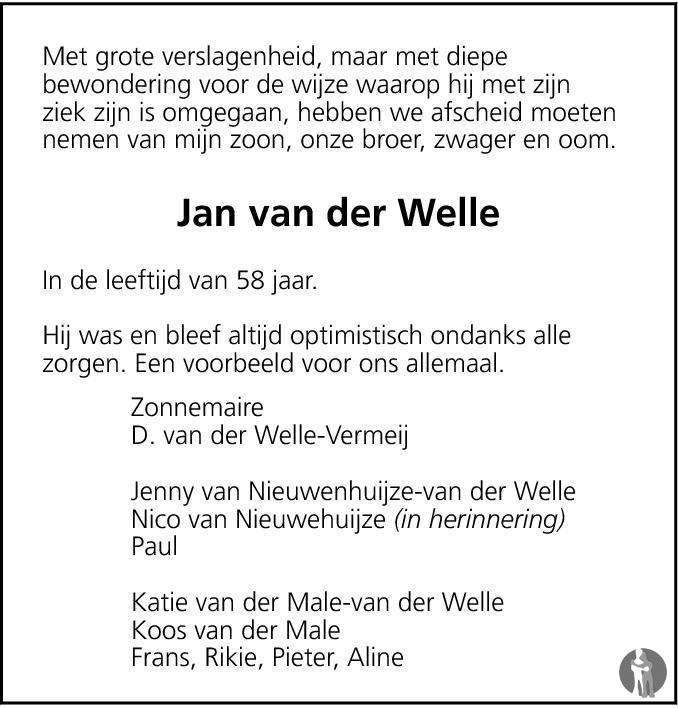 Jan Markus Jan Van Der Welle Overlijdensbericht En