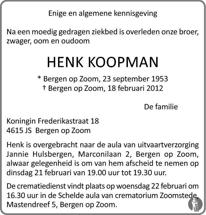 Henk Koopman Overlijdensbericht En Condoleances Mensenlinq Nl