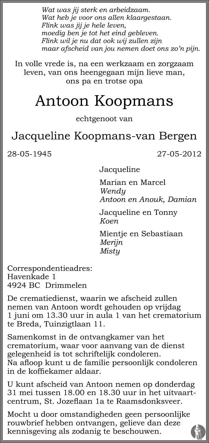 Antoon Koopmans 27 05 2012 Overlijdensbericht En Condoleances