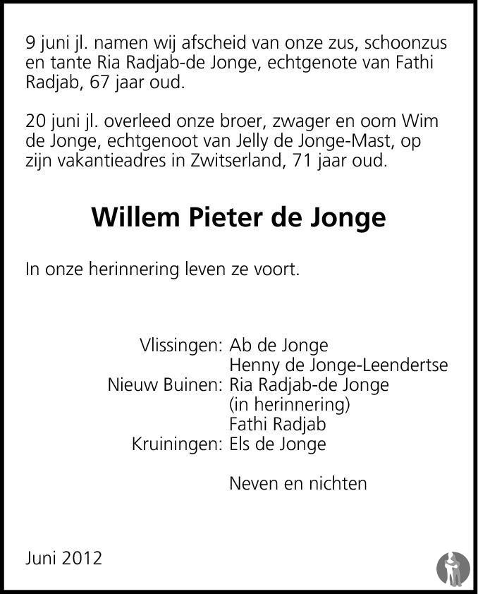 Willem Pieter Wim De Jonge Overlijdensbericht En