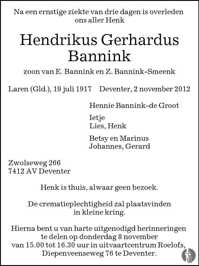 Hendrikus Gerhardus Henk Bannink Overlijdensbericht En