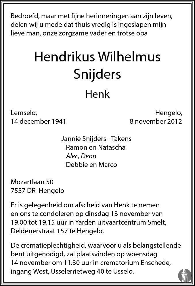 Hendrikus Wilhelmus Henk Snijders Overlijdensbericht En