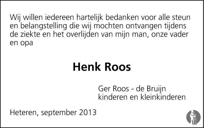 Hendrikus Johannes Fredericus Henk Roos 25 07 2013 Overlijdensbericht