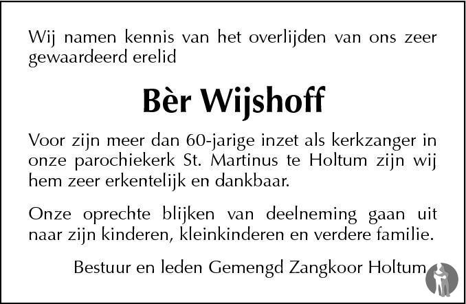 Hubertus Bèr Wijshoff 13 10 2013 overlijdensbericht en condoleances