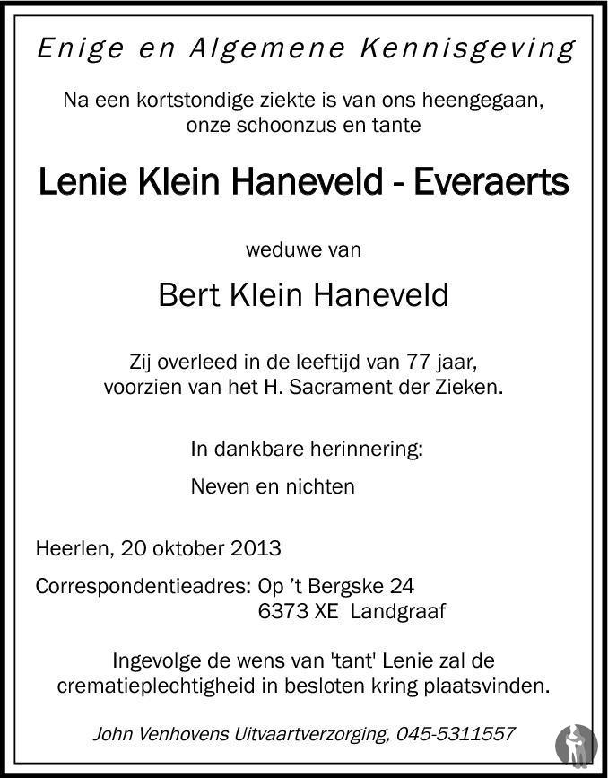 Lenie Klein Haneveld Everaerts Overlijdensbericht En