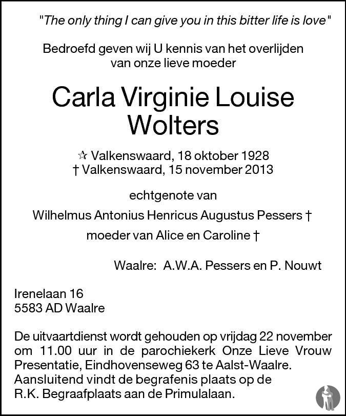 Carla Virginie Louise Wolters 15 11 2013 Overlijdensbericht En