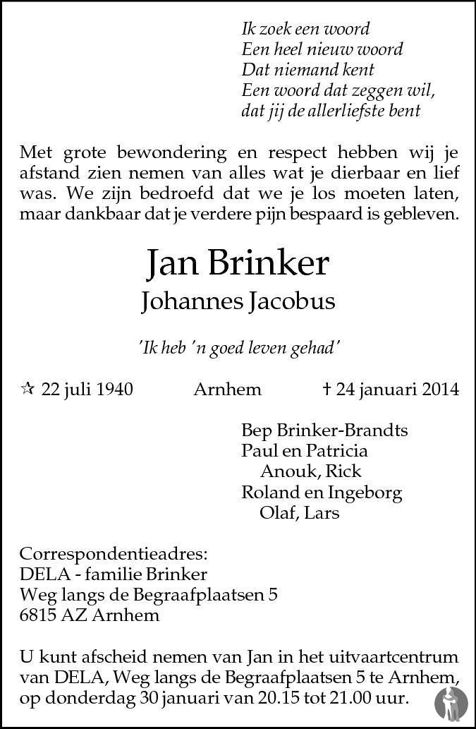 Johannes Jacobus Jan Brinker Overlijdensbericht En