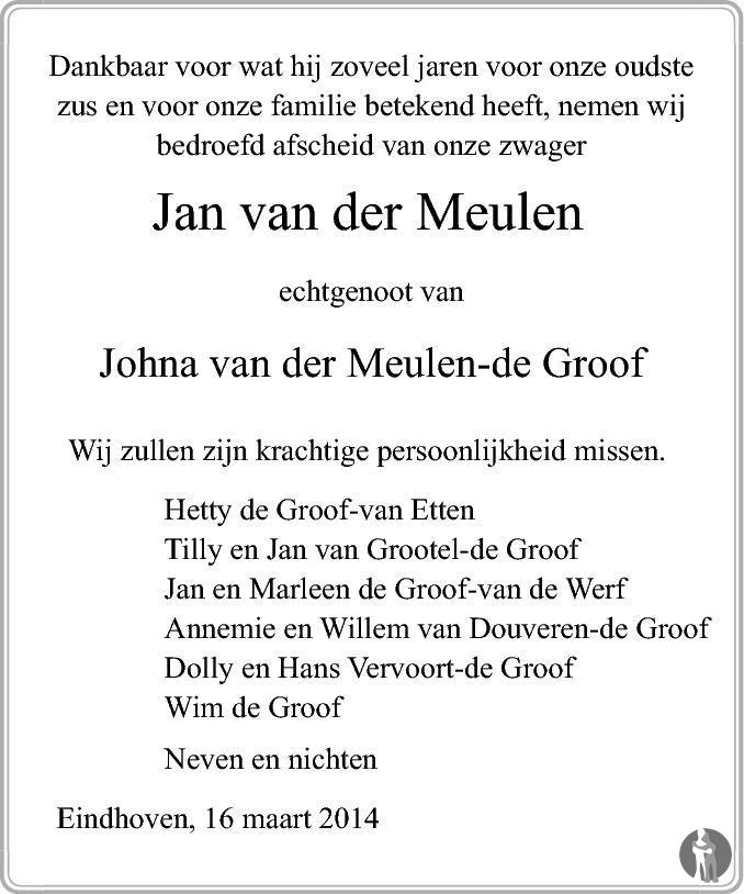 Jan Van Der Meulen Overlijdensbericht En Condoleances