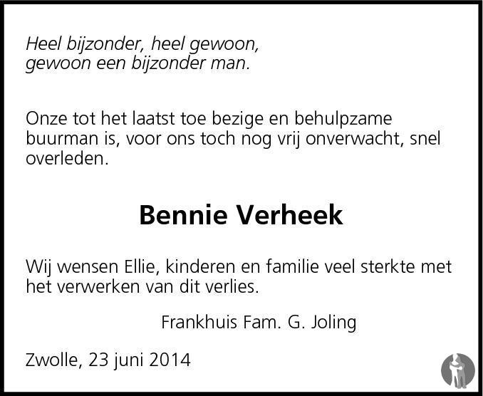 Bernardus Albertus Bennie Verheek 23 06 2014 Overlijdensbericht En