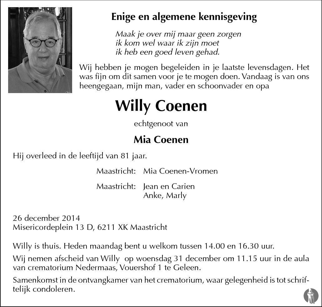 Willy Coenen 26 12 2014 Overlijdensbericht En Condoleances Mensenlinq Nl