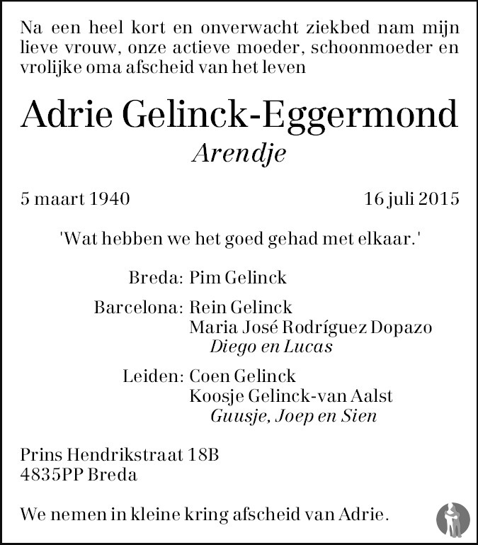 Adrie Arendje Gelinck Eggermond Overlijdensbericht En My Xxx Hot Girl