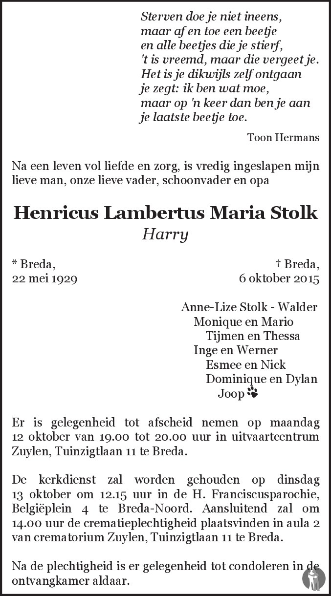 Henricus Lambertus Maria Harry Stolk Overlijdensbericht En