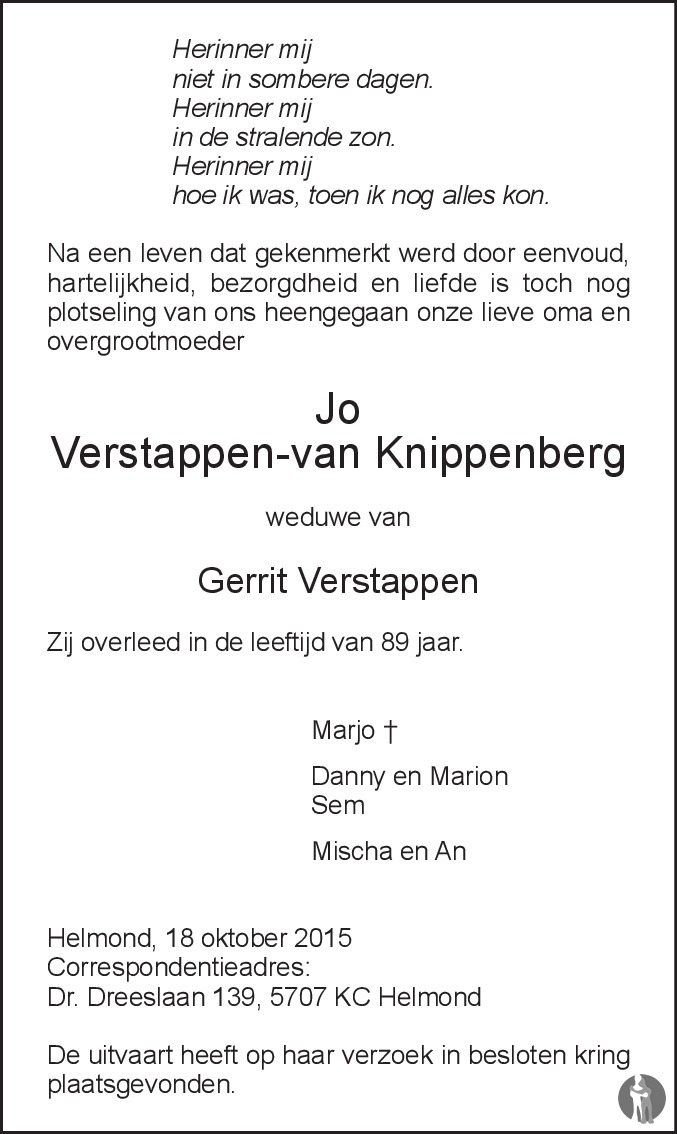 Jo Verstappen Van Knippenberg 18 10 2015 Overlijdensbericht En