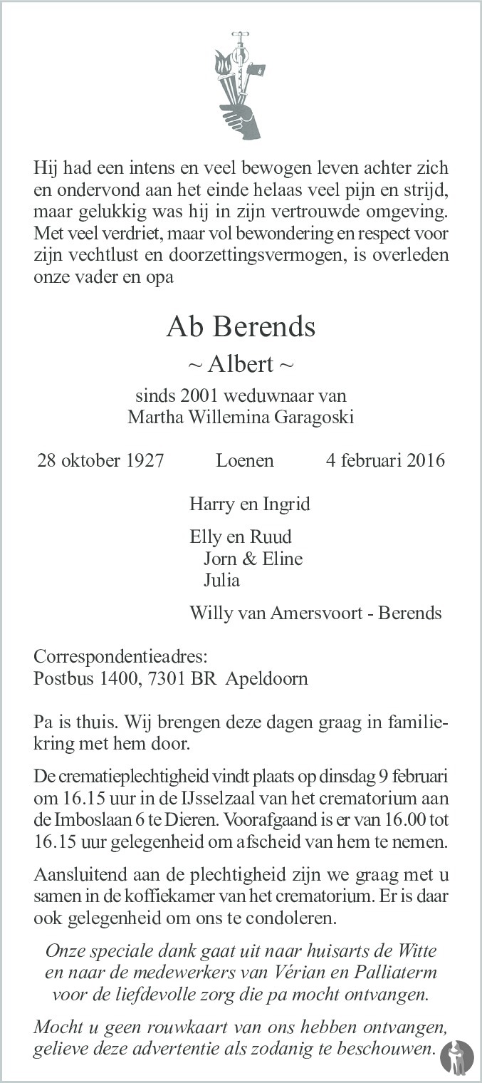 Albert Ab Berends 04 02 2016 Overlijdensbericht En Condoleances