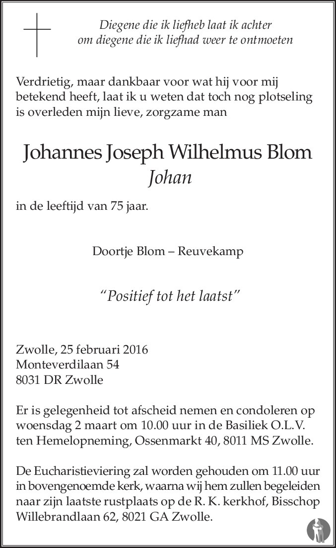 Johannes Joseph Johan Blom Overlijdensbericht En