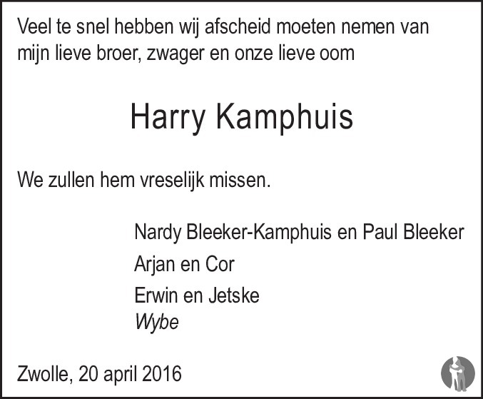 Johannes Gerhardus Maria Harry Kamphuis 20 04 2016 Overlijdensbericht