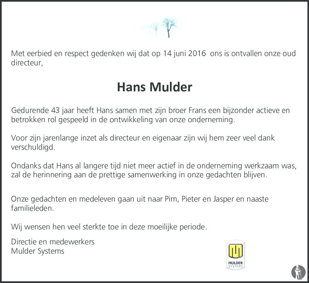 Johannes Josephus Hans Mulder 14 06 2016 Overlijdensbericht En