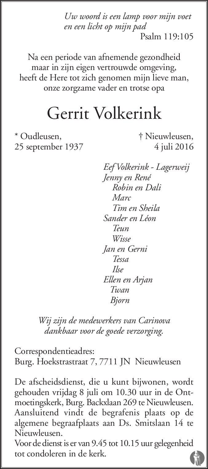 Gerrit Volkerink 04 07 2016 Overlijdensbericht En Condoleances